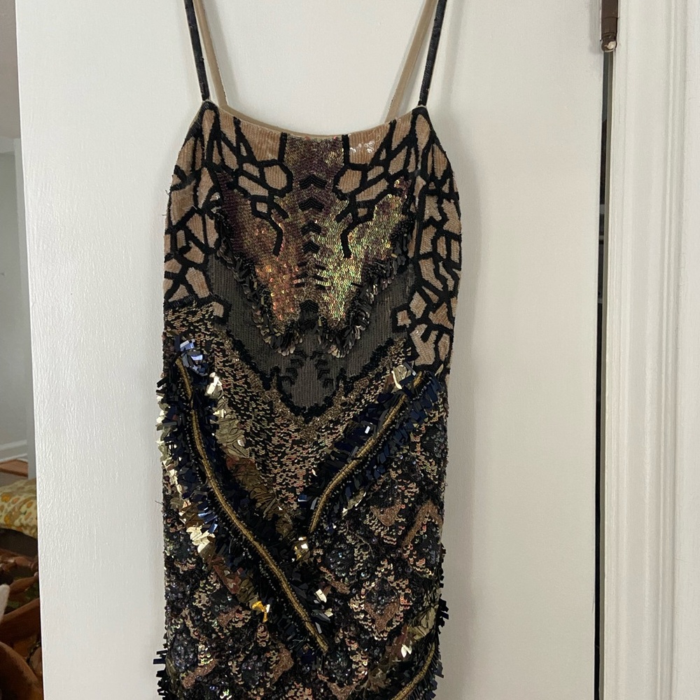 All Saints Spitalfield Hand Embellished Black and Gold Mini Dress Size 4
